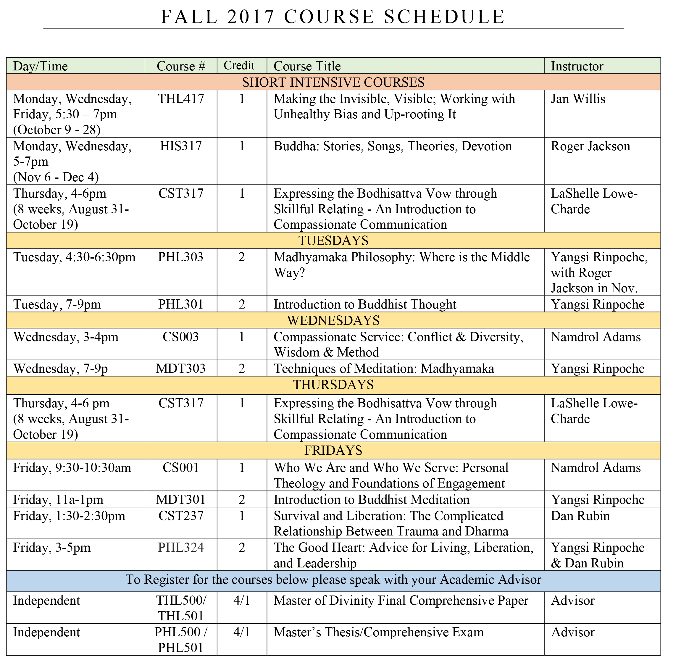FALL 2017 COURSE SCHEDULE 