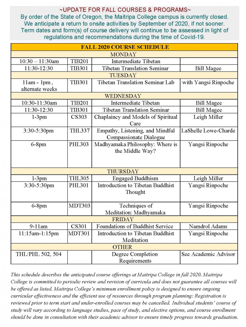 Make Your Practice Your Life Current Semester Course Schedule