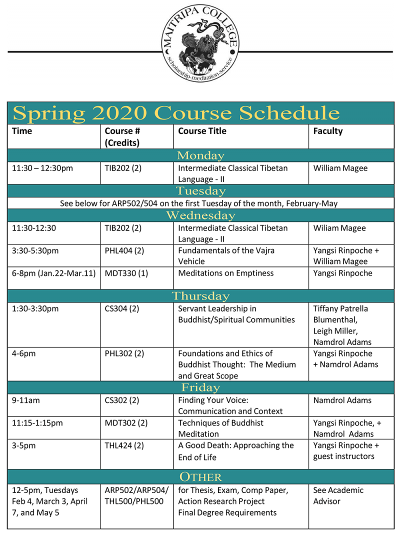 Make Your Practice Your Life Current Semester Course Schedule