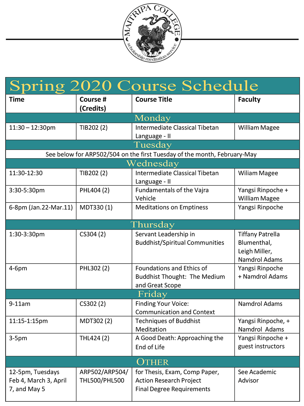 Make Your Practice Your Life Current Semester Course Schedule